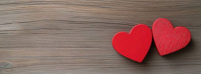 Fototapeta premium Two red wooden hearts on rustic wooden background evoke feelings of love and warmth. Perfect for romantic themes or Valentine Day