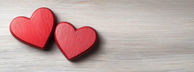 Fototapeta premium Two red wooden hearts on rustic wooden background evoke feelings of love and warmth. Perfect for romantic themes or Valentine Day celebrations
