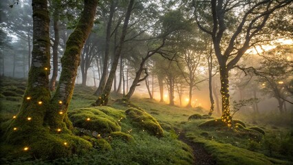 Naklejka premium Misty woodland with sunlight streaming through the trees and soft moss underfoot