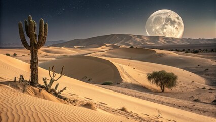 Golden sand dunes under a glowing full moon and a blooming cactus