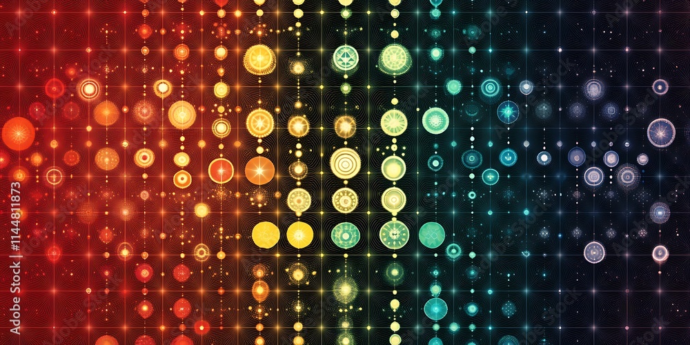 Poster rainbow data stream: abstract vibrant circles and dots forming a dynamic data stream. perfect for te