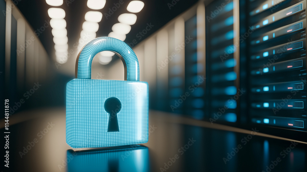 Poster digital security concept featuring glowing padlock in server room, symbolizing data protection and c