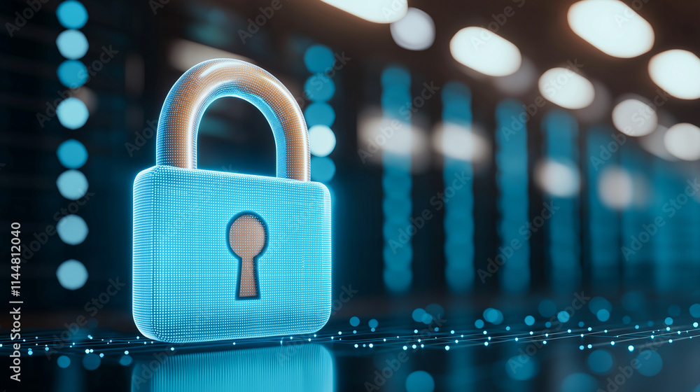 Poster digital security concept featuring glowing padlock symbolizing data protection and cybersecurity. ba