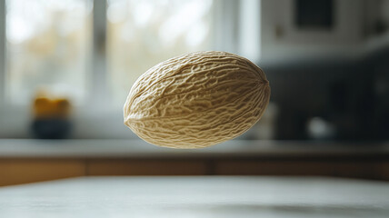 Fototapeta premium Falling nutmeg isolated on kitchen countertop, showcasing its unique texture and shape. soft lighting enhances natural beauty of this spice, creating warm atmosphere