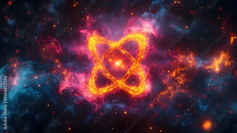 Poster imaginative and visually striking interpretation of a technetium atom exploring its role in diagnost
