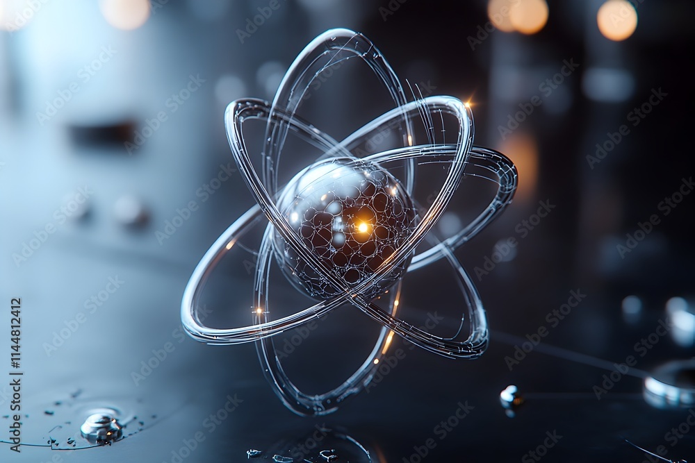 Poster meticulously rendered exploded diagram of a technetium atom displaying its precise subshell and orbi
