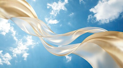 Bright blue sky background complemented by white clouds and flowing gold ribbons, ideal for creative designs and layouts. Ample copy space available for text integration.