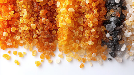 Colorful granulated sugar crystals in various shades of orange, yellow, and black create vibrant and visually appealing display. contrasting colors highlight beauty of these natural sweeteners