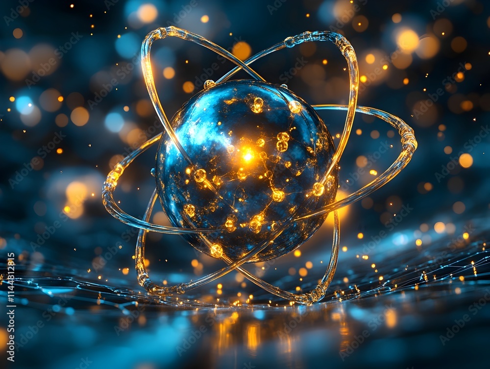 Poster technetium atom shown in a vibrant three dimensional emphasizing its electron and diverse applicatio