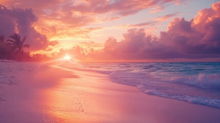 Stunning coastline landscape with a picturesque white sandy beach highlighted by a vibrant sunset, offering beautiful ambiance and ample photo style copy space.