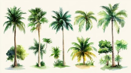 Watercolor tropical trees set. Palm tree in green color isolated on white background. Vintage coconut and banana trees. Floral tropical jungle. Generative Ai.