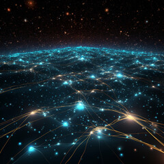 Obraz premium Cosmic Network: A mesmerizing digital art piece depicting a celestial network of interconnected nodes, glowing with ethereal light against a backdrop of deep space. Exploring themes of connection.
