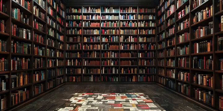Interior View of Room with Extensive Book Collection and Patterned Rug