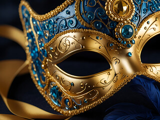 shimmeringblue and gold masquerade mask with glittering accents