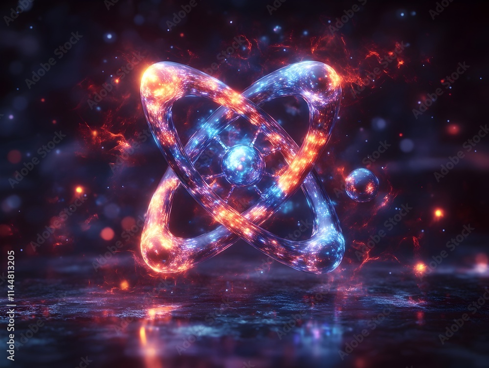 Poster detailed 3d representation of a technetium atom showcasing its electron and various applications in 