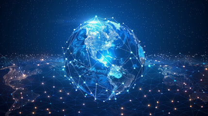 Obraz premium Global Network Connection: A mesmerizing digital rendering of Earth, enveloped in a vibrant network of interconnected nodes, symbolizes global communication, technology, and interconnectedness. 