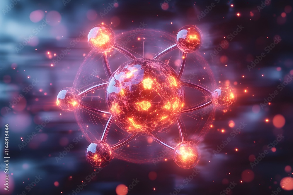 Poster highly accurate and technical 3d representation of a technetium atom showcasing its detailed electro