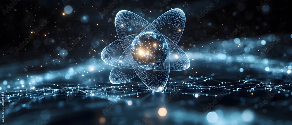 Poster 3d rendering of a technetium atom highlighting the behavior of its electrons and the role they play 