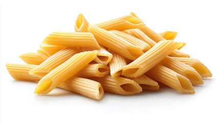 Uncooked penne rigate pasta stacked in pile, showcasing its ridged texture and golden color, perfect for various Italian dishes and culinary creations