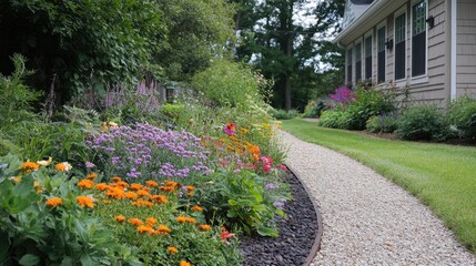 Obraz premium Landscaping photo captures a garden bed design with a vibrant flowerbed, decorative border, and gravel path. This landscape plan highlights creative border ideas near a spacious home backyard.