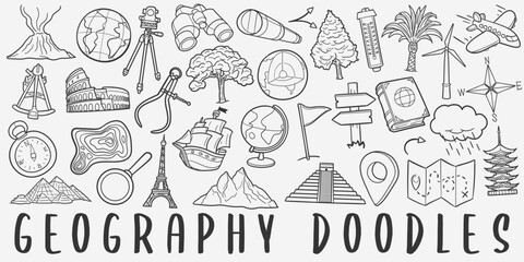 Geography Doodle Icons Black and White Line Art. Study Clipart Hand Drawn Symbol Design.