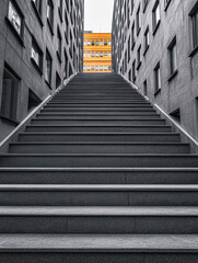 Fototapeta premium A black and white photo of a building with a yellow building in the background