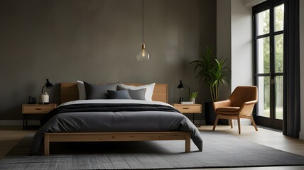 Obraz premium cozy minimalist bedroom with platform bed, geometric-patterned rug, black-framed geometric art, light oak flooring, and neat layout