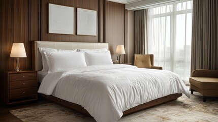 Modern bedroom with wooden nightstand and white bedding