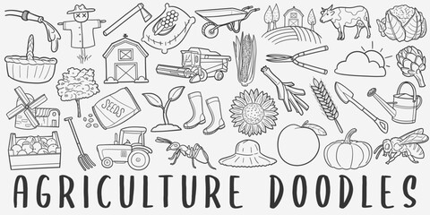 Agriculture Doodle Icons Black and White Line Art. Farm Clipart Hand Drawn Symbol Design.