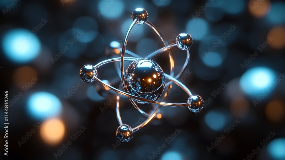 Poster detailed 3d model of a technetium atom highlighting its electron cloud structure and the element s v