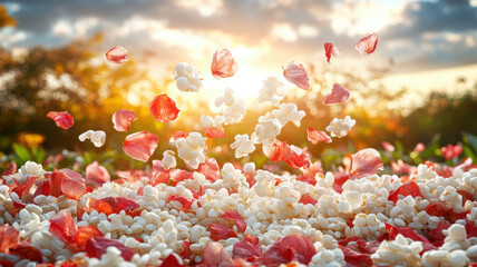 beautiful scene of white flowers and red petals scattered on ground, illuminated by warm sunset. vibrant colors create serene and enchanting atmosphere