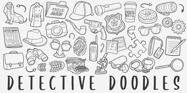 Detective Doodle Icons Black and White Line Art. Spy Clipart Hand Drawn Symbol Design.