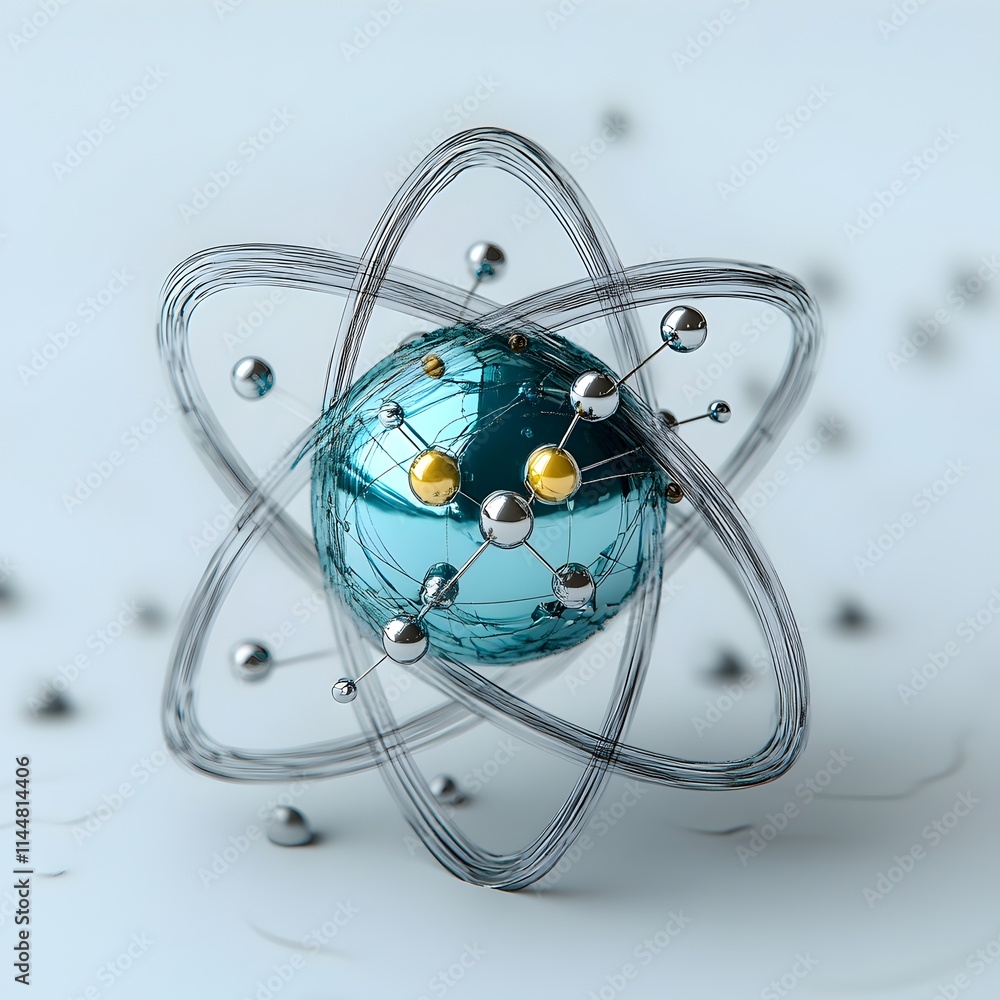 Poster meticulously detailed 3d cross section of a technetium atom showcasing its electron and highlighting