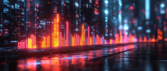 Fototapeta premium Futuristic cityscape with glowing data visualizations.