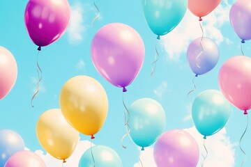 seamless pattern of floating balloons in bright pastel colors on soft sky-blue background