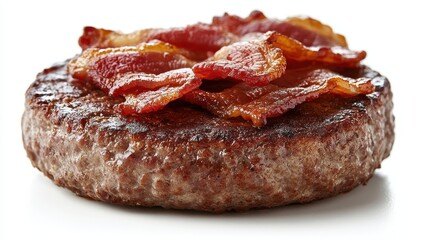 Uncooked hamburger patty topped with bacon, isolated on a white background.