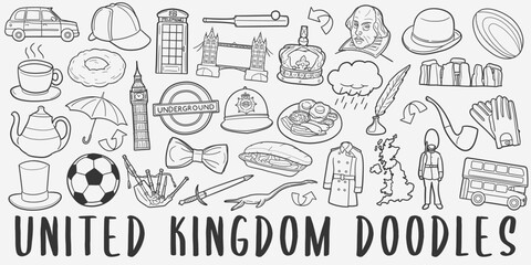 United Kingdom Doodle Icons Black and White Line Art. England Clipart Hand Drawn Symbol Design.