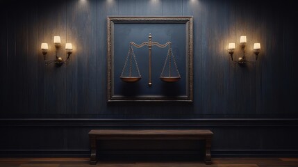 Dark room with scales of justice painting.