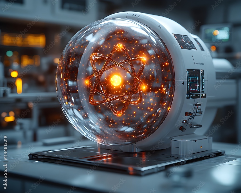 Poster detailed 3d representation of a technetium atom model showcasing its electron simulation and various