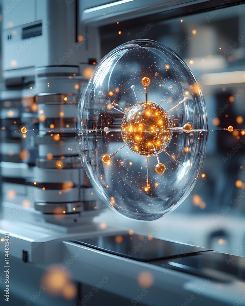 Poster detailed 3d representation of a technetium atom showcasing its electron structure and diverse applic