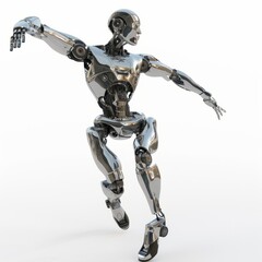 A shiny robot dancing in a futuristic setting, isolated in white, white background
