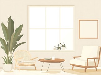 Fototapeta premium Sofa, armchair, and wooden coffee table in a beige boho living room interior with a large window frame, plants, books, and elegant personal accessories