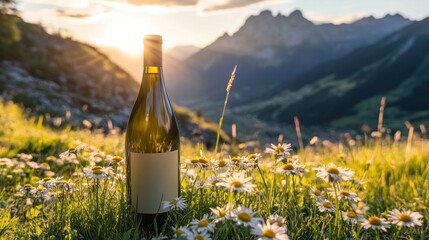 Sunset view of wine bottle in chamomile field with mountains.