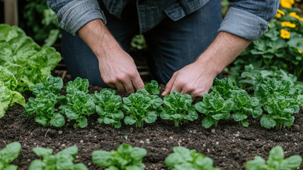 Fototapeta premium Gardener hands gently planting seedlings in rich soil, nurturing growth. vibrant green leaves of lettuce thrive in well tended garden, showcasing beauty of nature