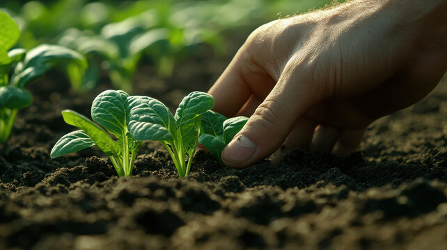 farmer hand gently planting seedlings in rich, dark soil, showcasing nurturing process of agriculture and growth of fresh greens