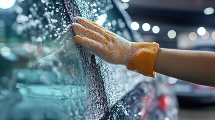 Close-up of a female hand cleaning and polishing a vehicle window at a car wash, with ample copy space to highlight the car wash experience and attention to detail.