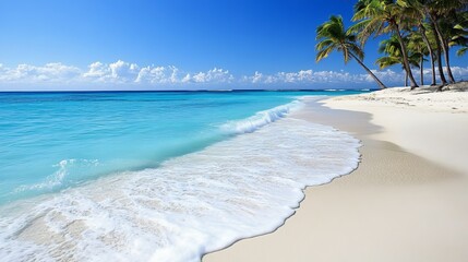 Tropical Paradise Pristine White Sand Beach, Azure Waters, Swaying Palm Trees, Perfect for Vacation