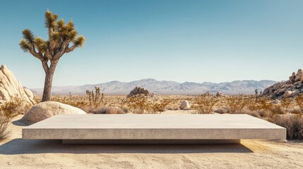Concrete podium set against a striking Joshua tree and a vast desert landscape, creating a captivating scene. Ideal for highlighting nature and architectural elements with ample copy space.