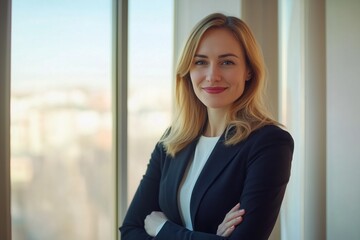 Fototapeta premium Portrait of successful businesswoman smiling with folded arms while standing in modern office building by the window with city view in background