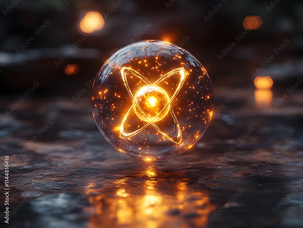 Poster detailed 3d representation of a technetium atom displaying its electron structure and highlighting t